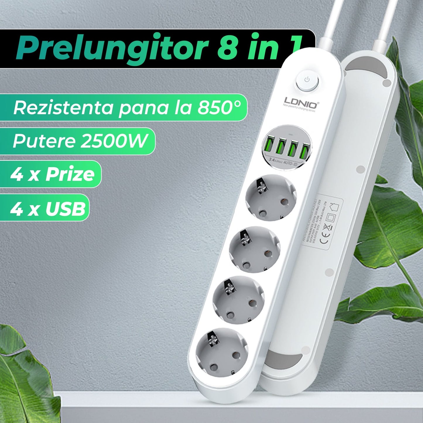 Prelungitor Timebox, 4 prize, 4 x USB, 2500W, buton ON/OFF, Alb