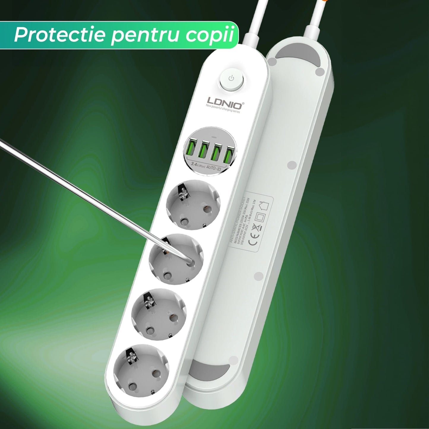 Prelungitor Timebox, 4 prize, 4 x USB, 2500W, buton ON/OFF, Alb