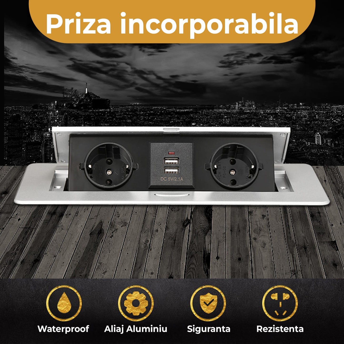 Priza incorporabila in mobilier Timebox, blat bucatarie, masa sau birou, Negru