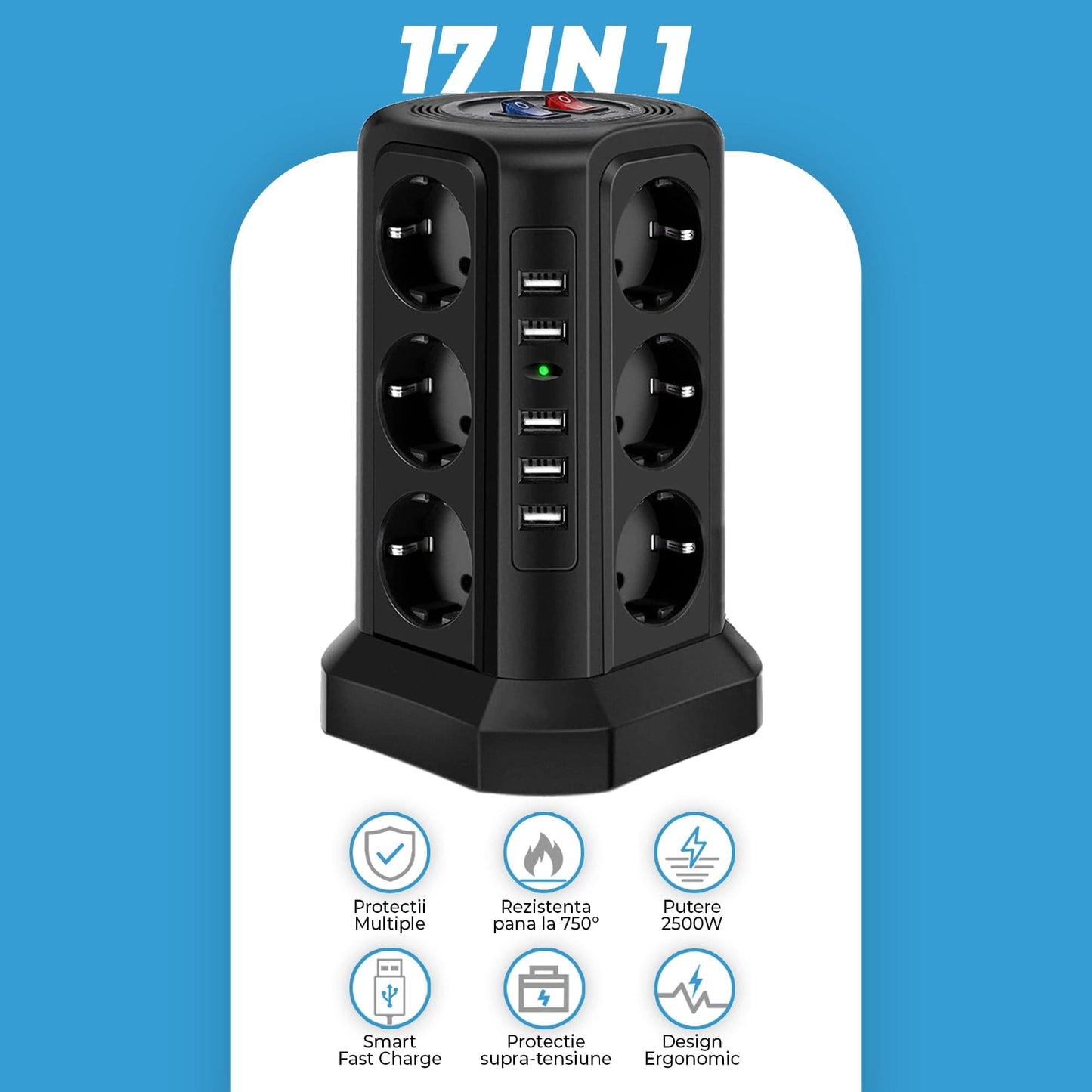 Prelungitor tip turn Timebox, 12 prize, 5 x USB, buton ON/OFF, Negru