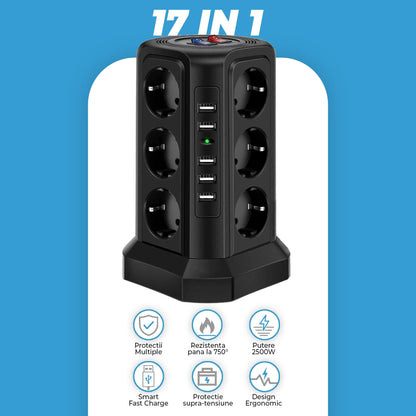 Prelungitor tip turn Timebox, 12 prize, 5 x USB, buton ON/OFF, Negru