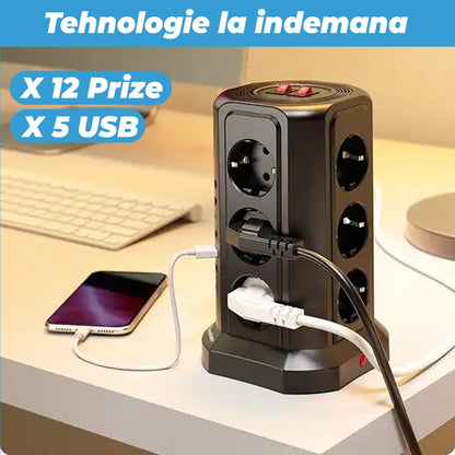 Prelungitor tip turn Timebox, 12 prize, 5 x USB, buton ON/OFF, Negru