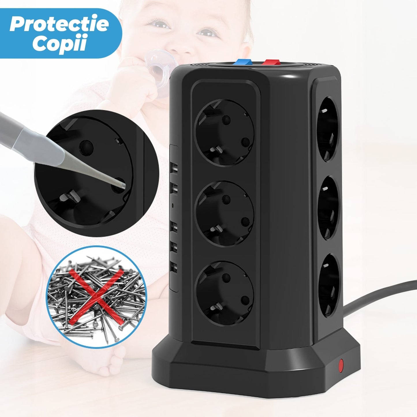 Prelungitor tip turn Timebox, 12 prize, 5 x USB, buton ON/OFF, Negru