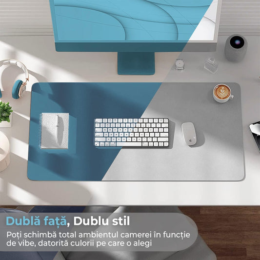 Mousepad gaming XXL cu doua fete din piele pu, 90x45, impermeabil