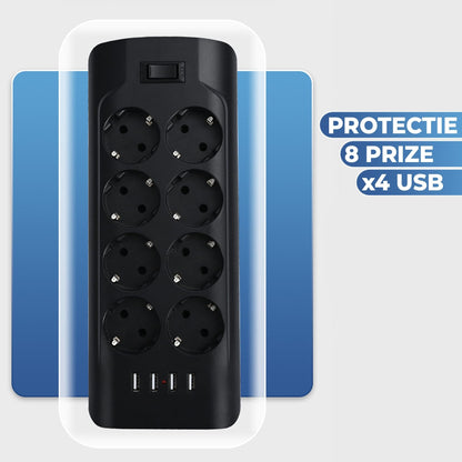 Prelungitor Timebox, 8 prize, 4 x USB, buton ON/OFF, Negru