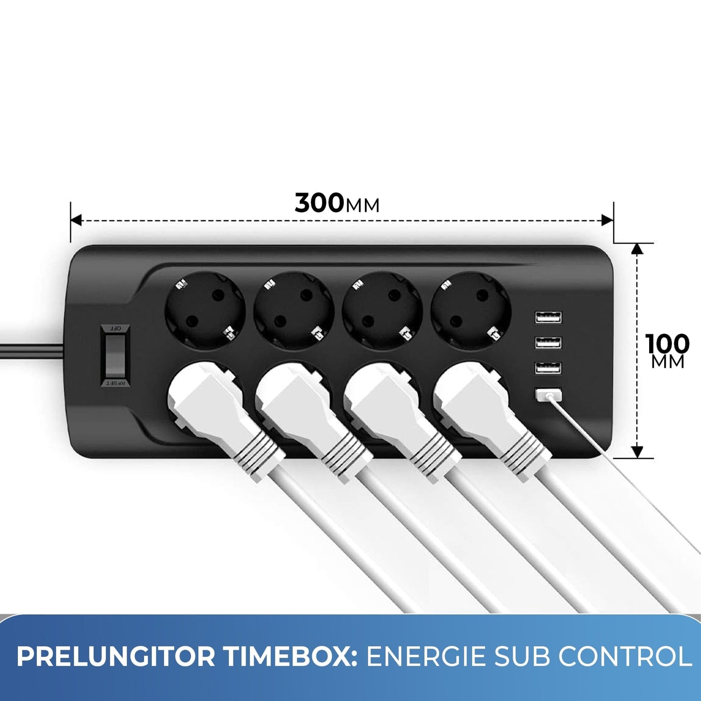Prelungitor Timebox, 8 prize, 4 x USB, buton ON/OFF, Negru