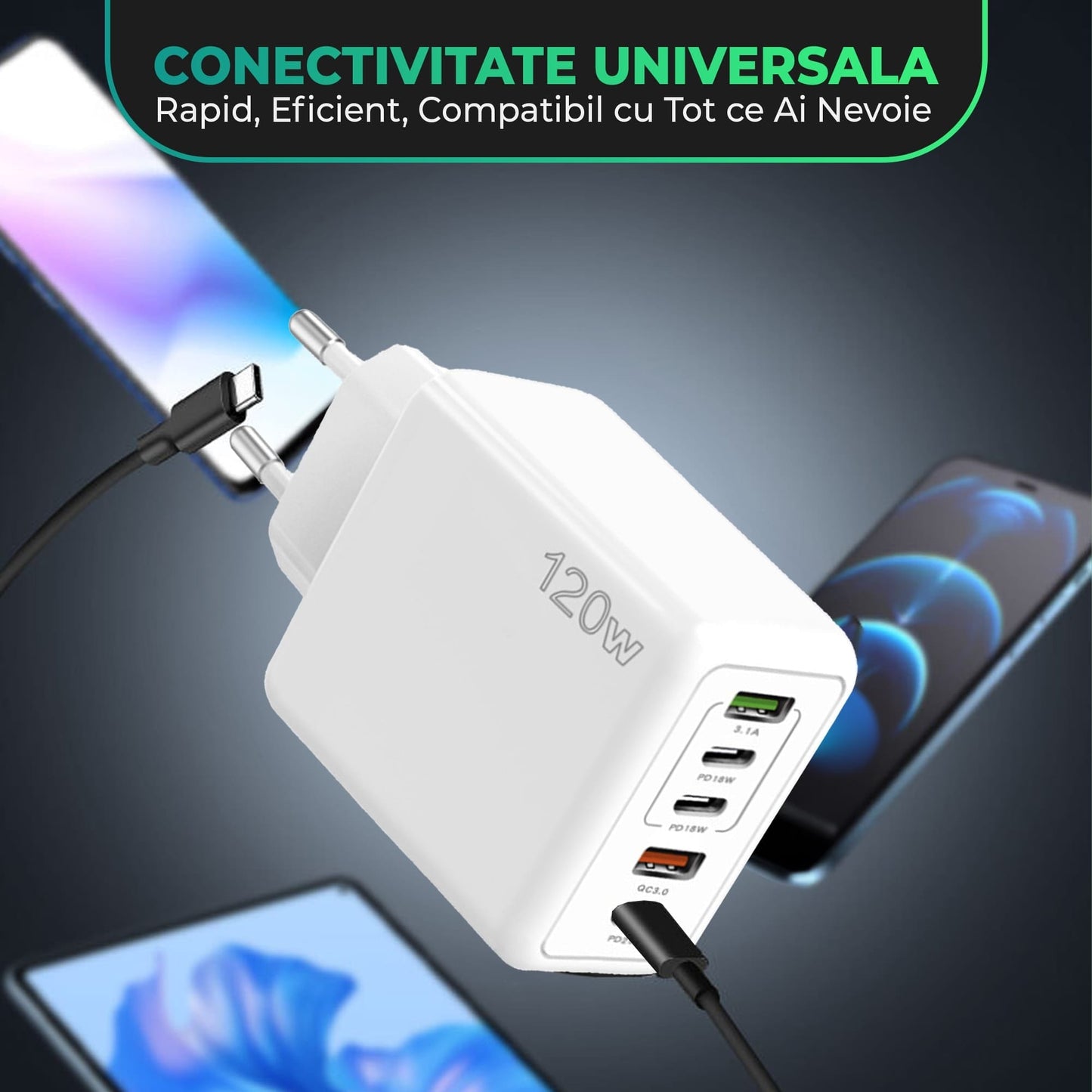 Incarcator Retea Timebox, 5 Porturi, 120W, 3 x Type-C, 2 x USB, Alb