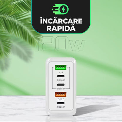 Incarcator Retea Timebox, 5 Porturi, 120W, 3 x Type-C, 2 x USB, Alb