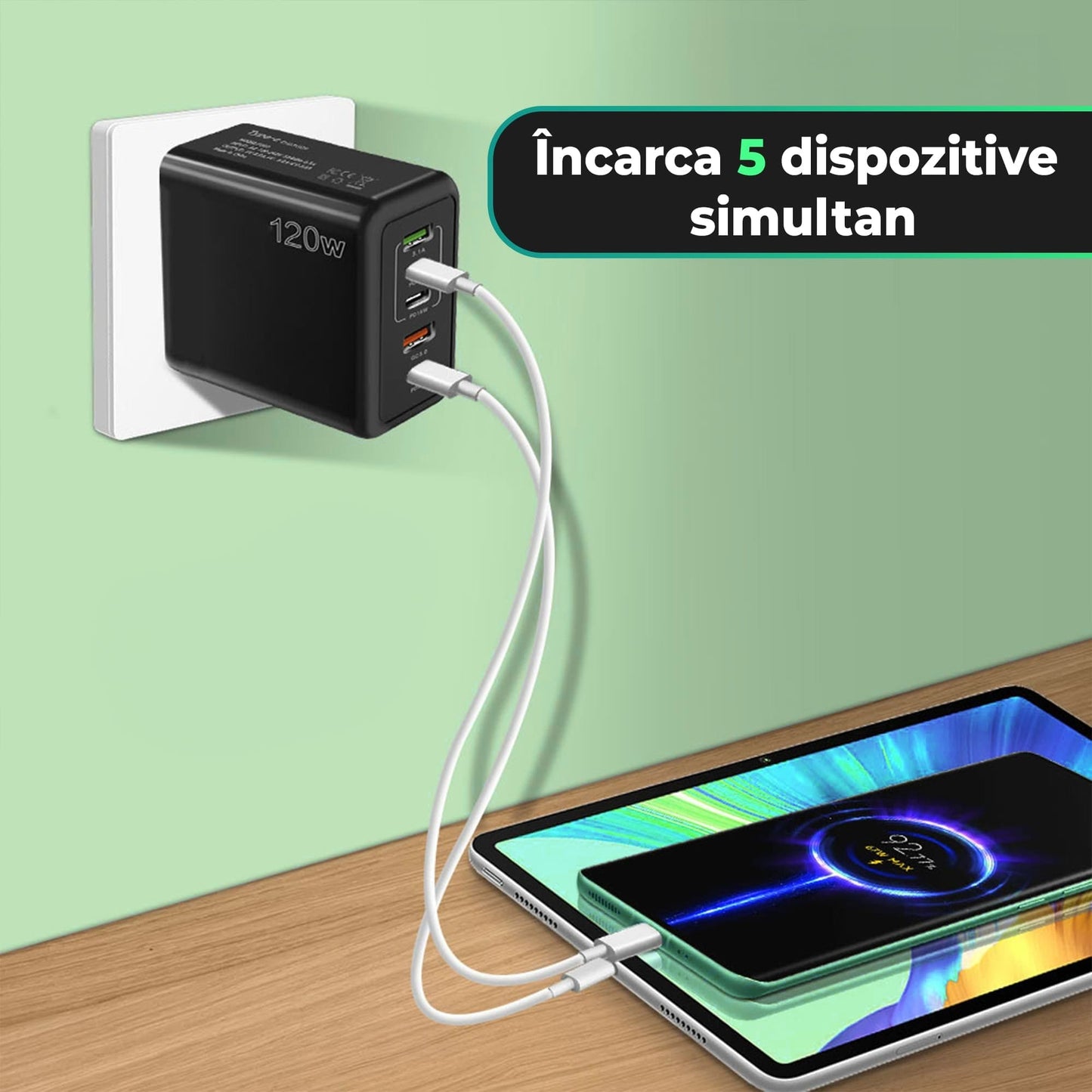 Incarcator Retea Timebox, 5 Porturi, 120W, 3 x Type-C, 2 x USB, Alb