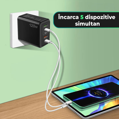 Incarcator Retea Timebox, 5 Porturi, 120W, 3 x Type-C, 2 x USB, Alb