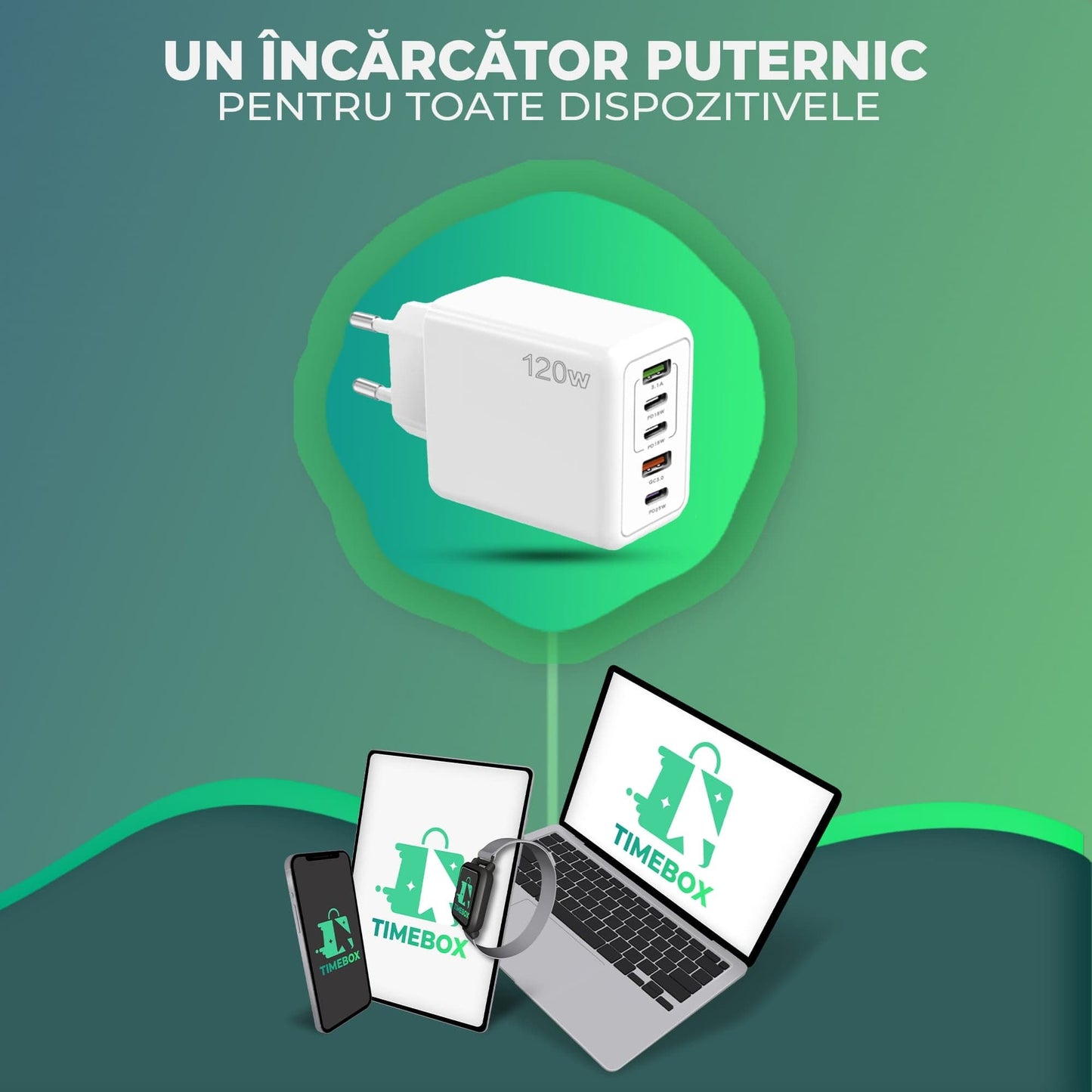 Incarcator Retea Timebox, 5 Porturi, 120W, 3 x Type-C, 2 x USB, Alb