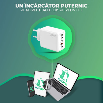 Incarcator Retea Timebox, 5 Porturi, 120W, 3 x Type-C, 2 x USB, Alb