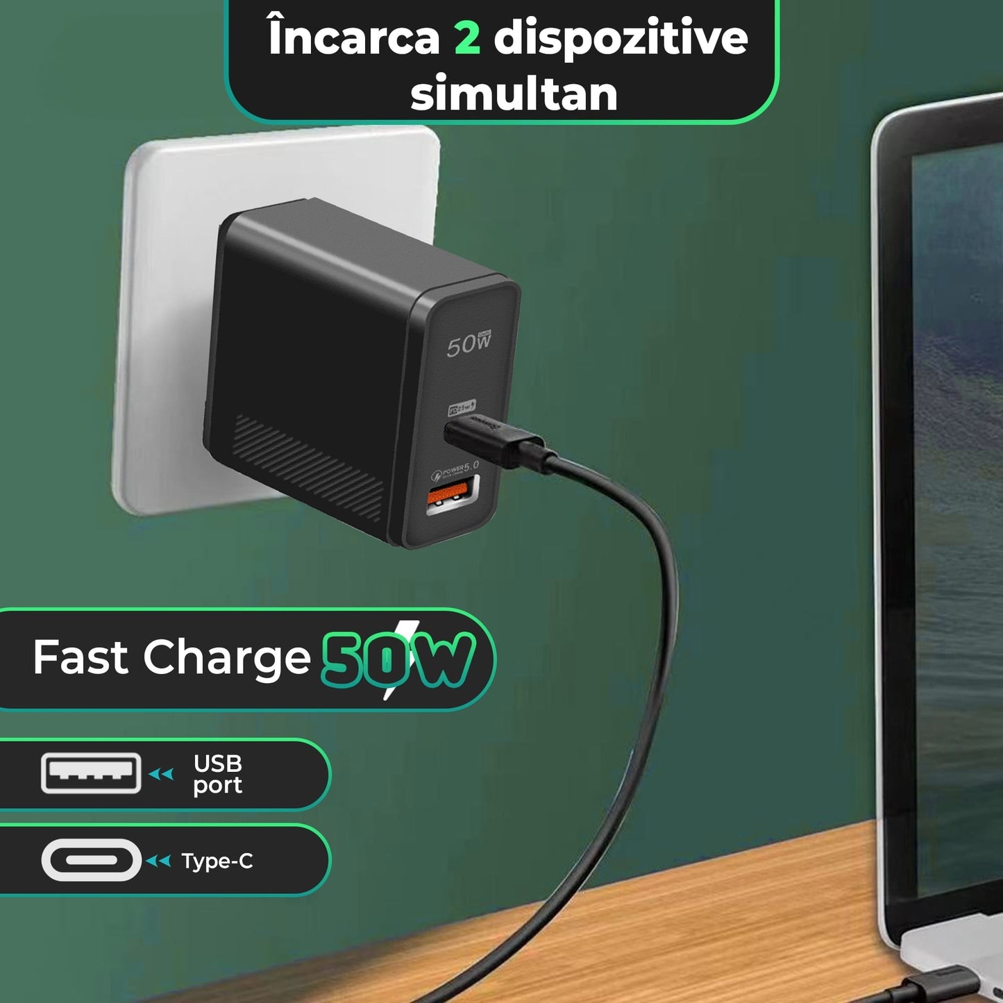 Incarcator Retea Timebox, 2 Porturi, 50W, 1 x Type-C, 1 x USB, Negru