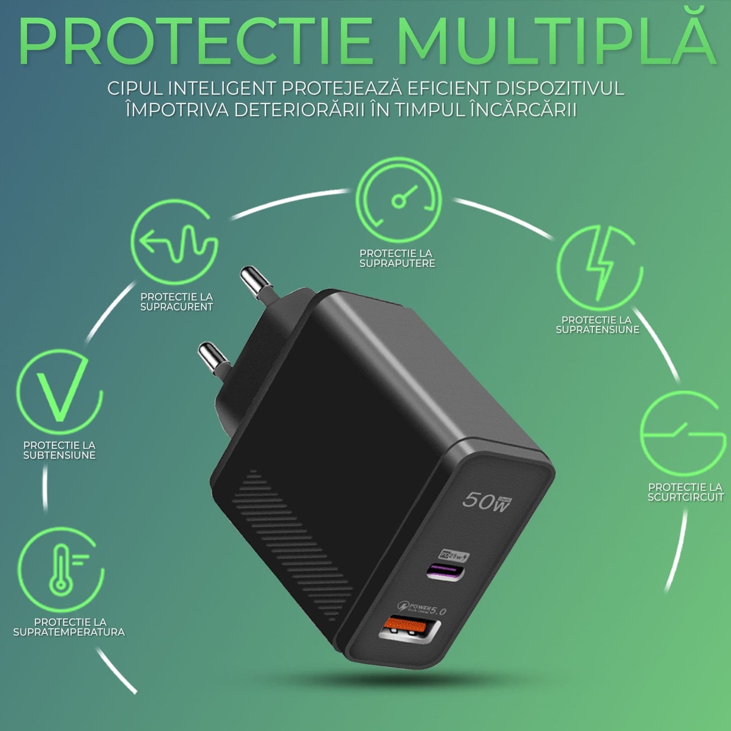 Incarcator Retea Timebox, 2 Porturi, 50W, 1 x Type-C, 1 x USB, Negru