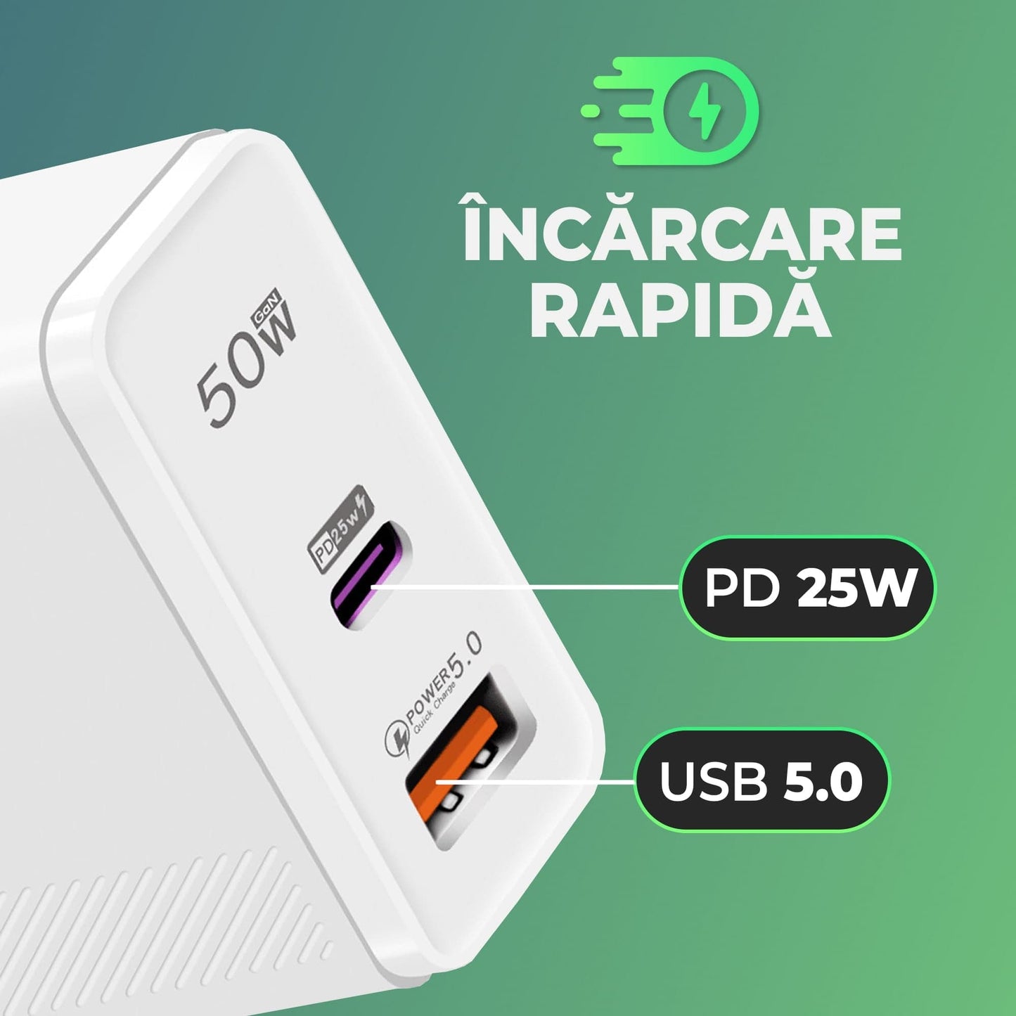 Incarcator Retea Timebox, 2 Porturi, 50W, 1 x Type-C, 1 x USB, Negru