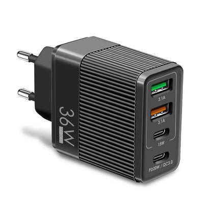 Incarcator Retea Timebox, 4 Porturi, 36W, 2 x Type-C, 2 x USB, Negru