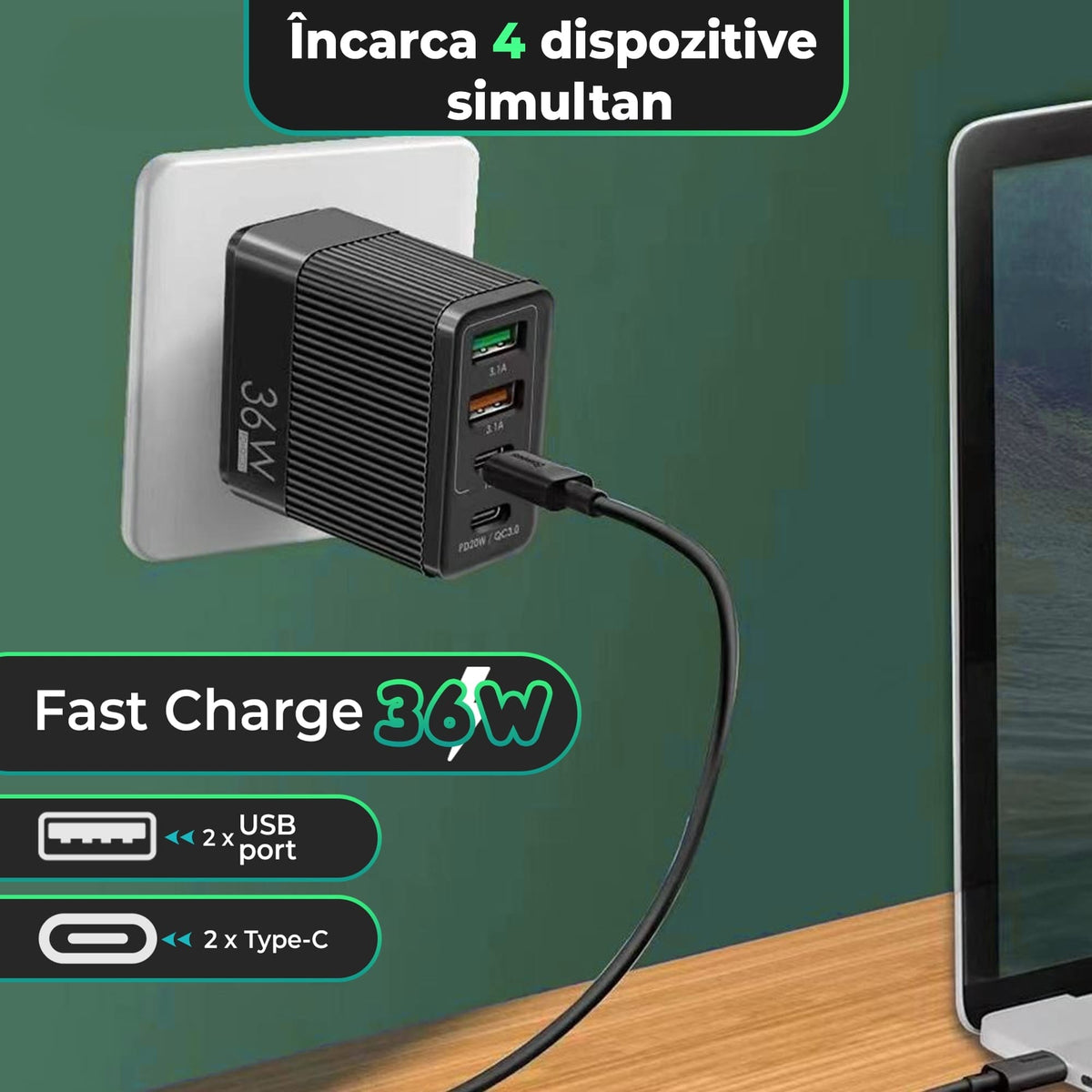 Incarcator Retea Timebox, 4 Porturi, 36W, 2 x Type-C, 2 x USB, Negru