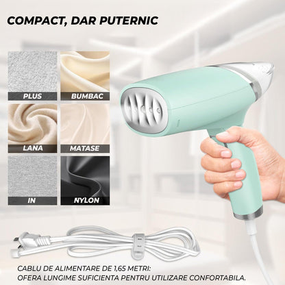 Steamer de Haine Portabil, 1000W, Compact si Pliabil, Verde