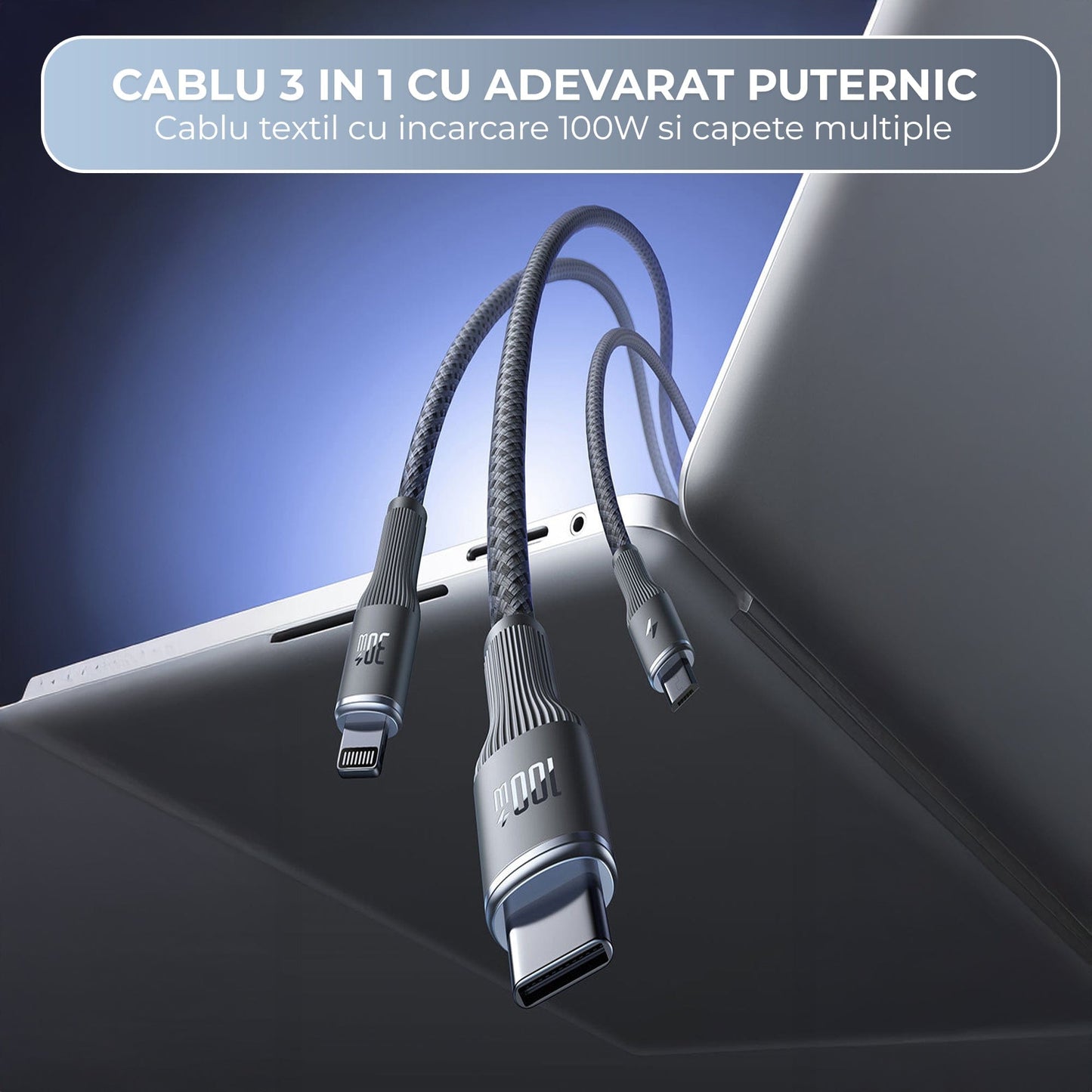 Cablu de Incarcare 3 in 1 Timebox, USB-C la Type-C, 100W, 1,5m, Lightning, Negru