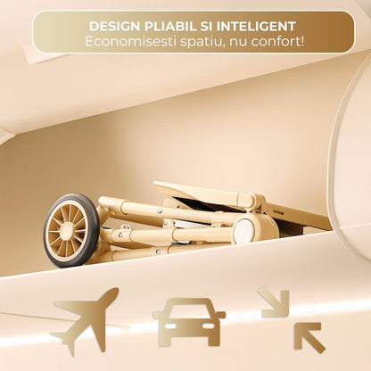 Carucior bebe pliabil, 4 roti 360°, Copertina solara, Bej