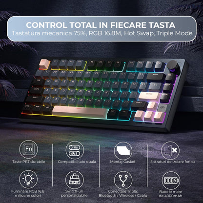 Tastatura Mecanica Wireless 75% Timebox, Hot-Swap, Gasket, Negru