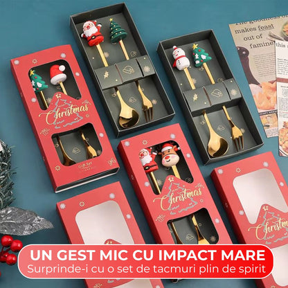 Set 2 Lingurite si Furculite Inox Craciun, Modele Festive cu Ren, Brad