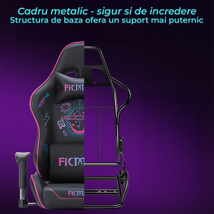 Scaun Gaming Timebox, 160°, Tetiera si Perna Lombara, Roz