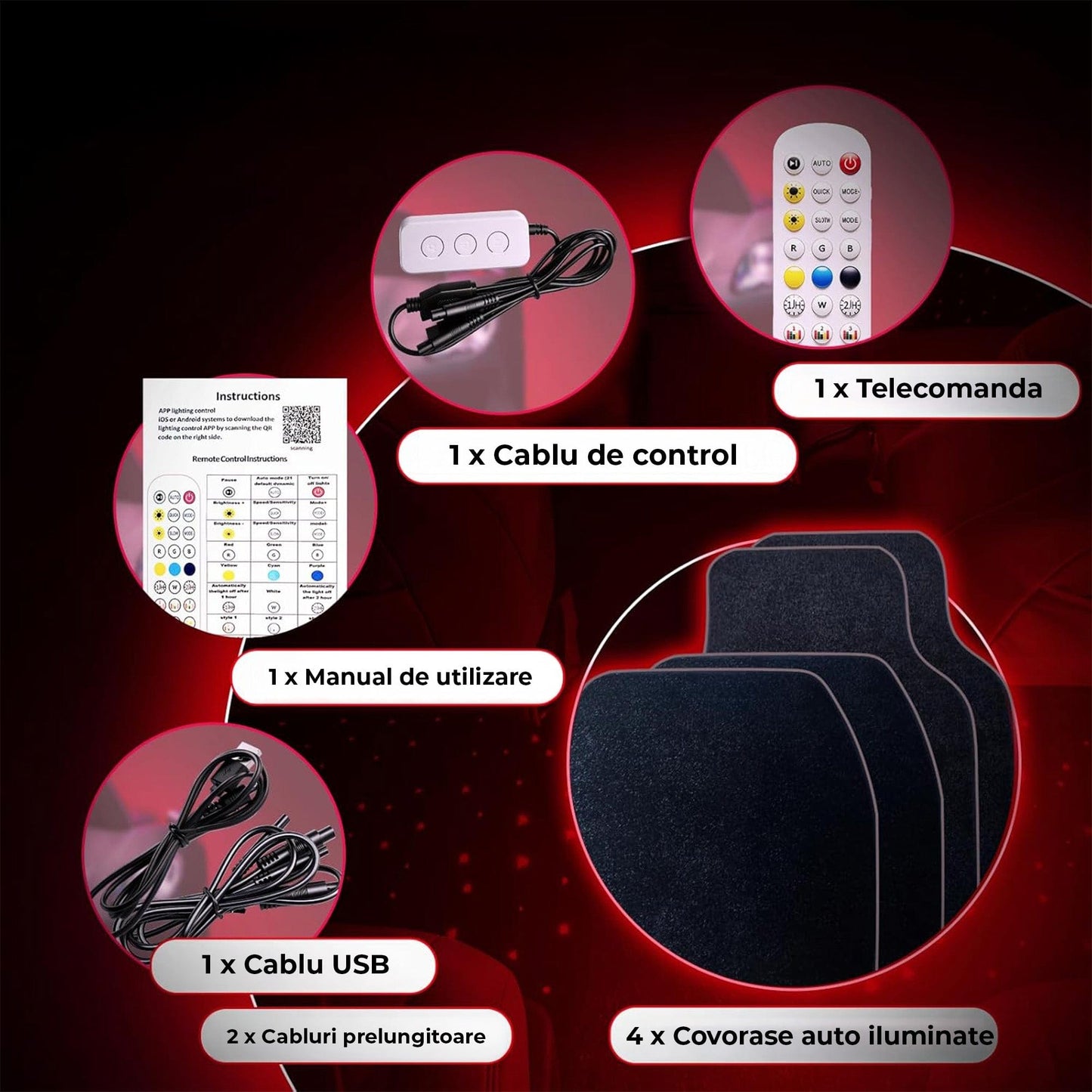 Covorase Auto LED Timebox, Waterproof si Lavabile, Instalare Rapida, Negru
