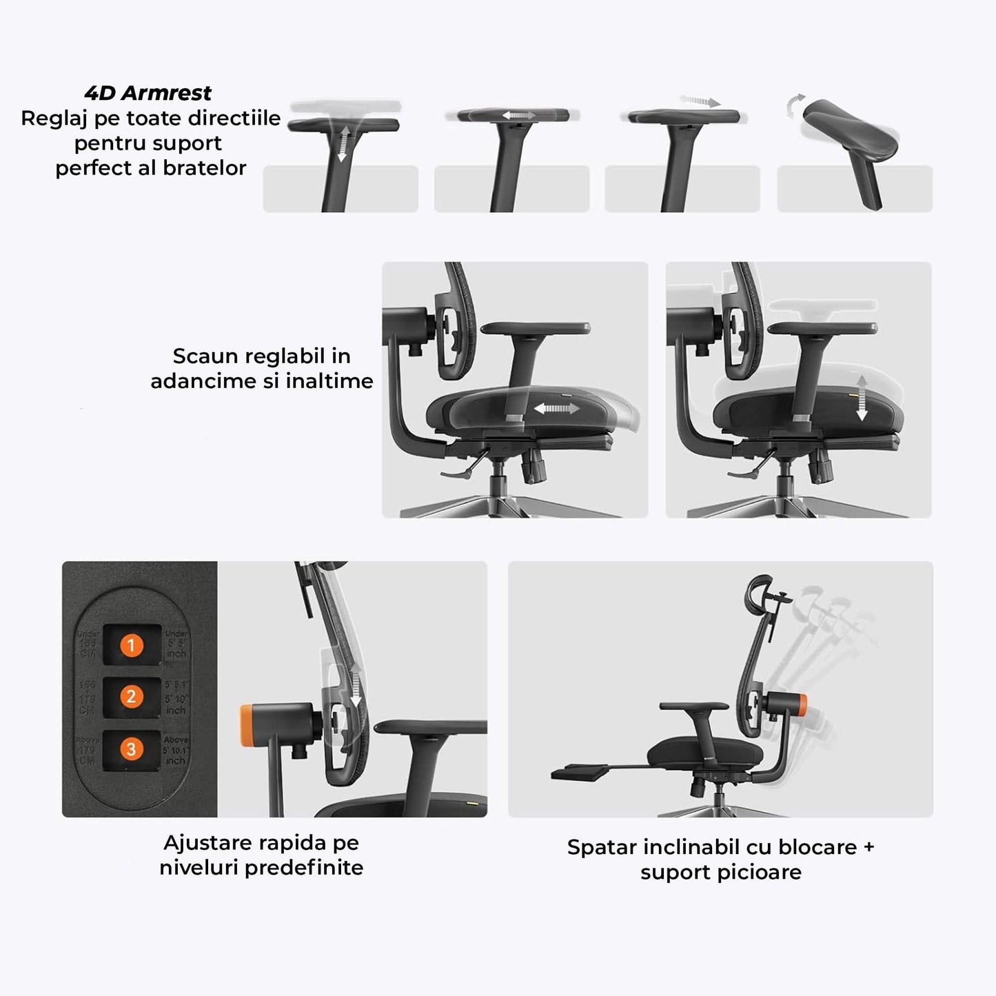 Scaun ergonomic birou 2 in 1, Cotiere 4D, Tetiera auto-follow, Negru