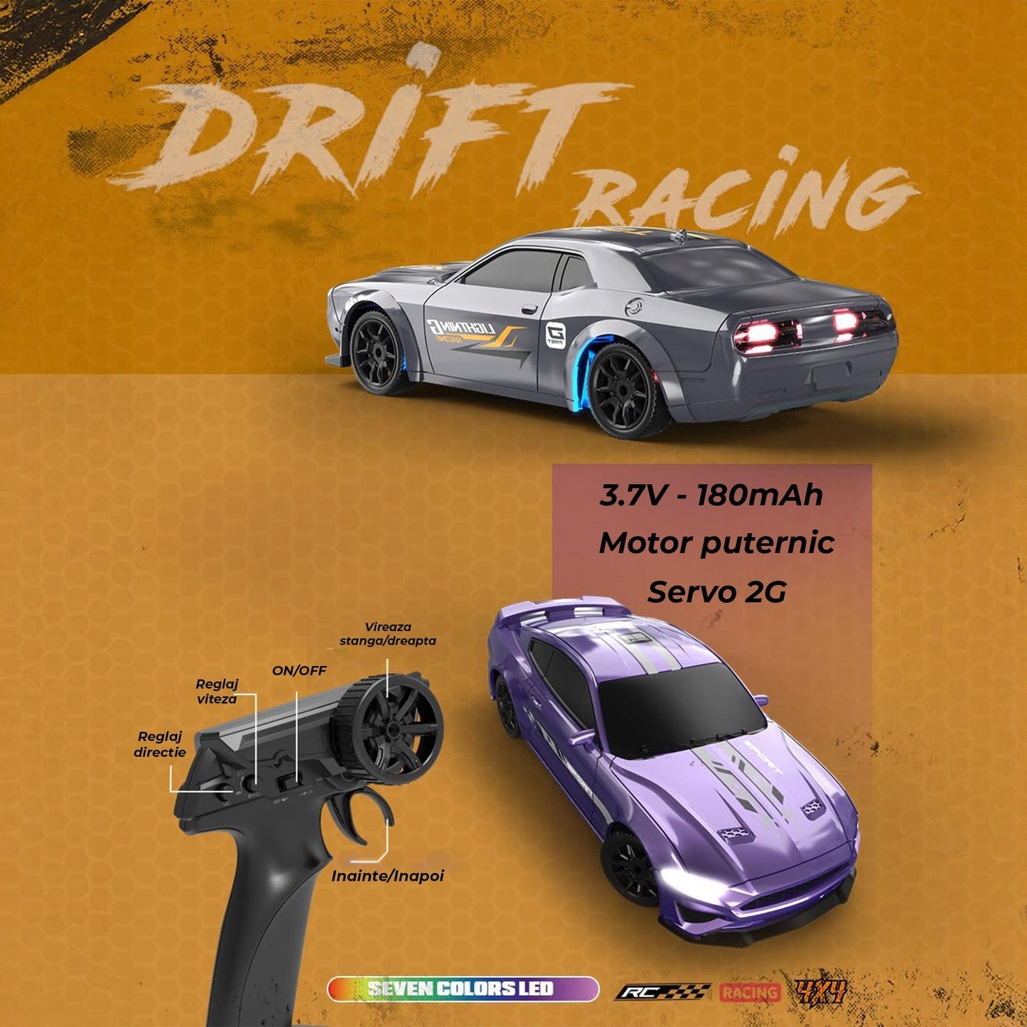 Masina RC Drift 1:43 cu Tractiune Integrala, 4 GHZ, Efecte Luminoase, Gri