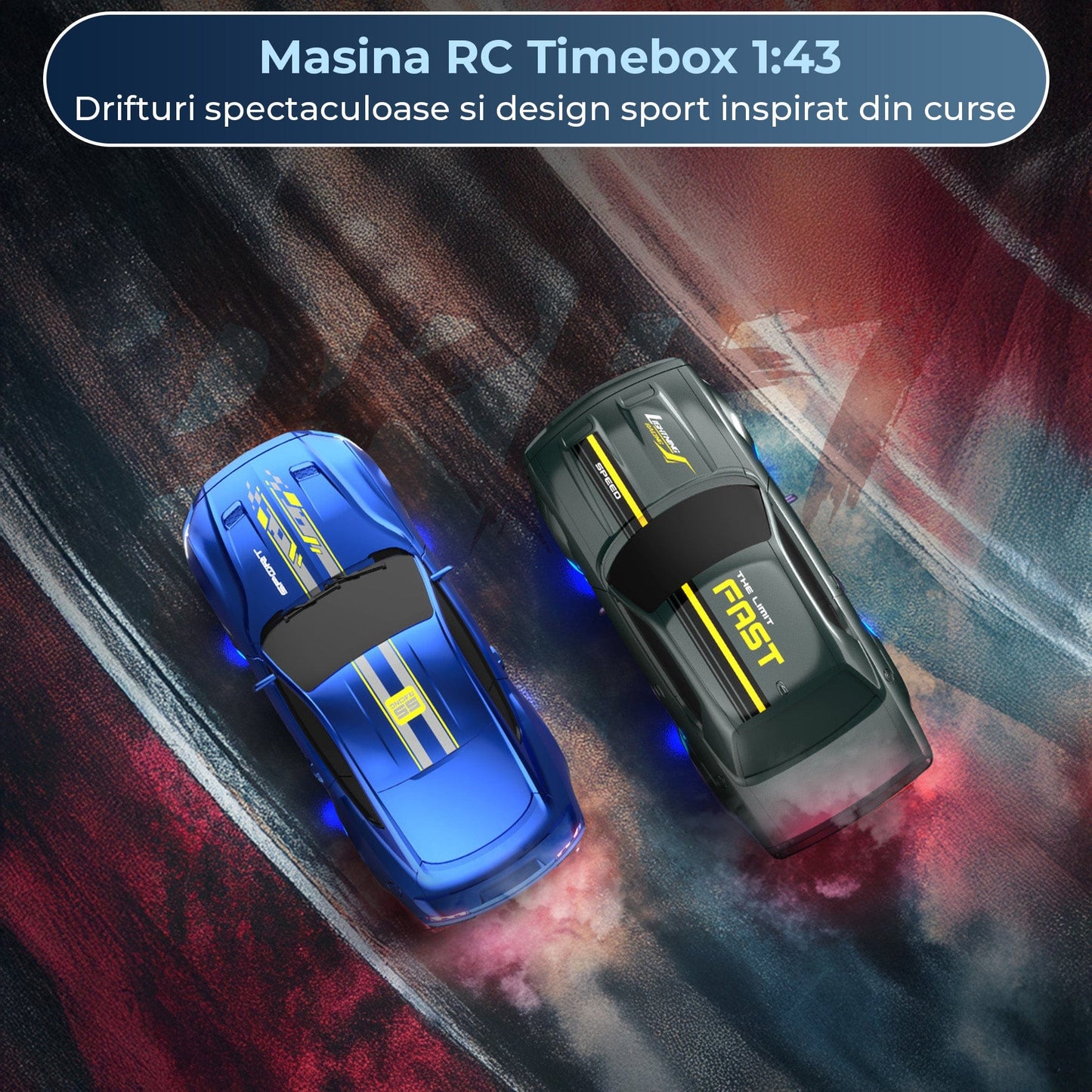 Masina RC Drift 1:43 cu Tractiune Integrala, 4 GHZ, Efecte Luminoase, Albastru