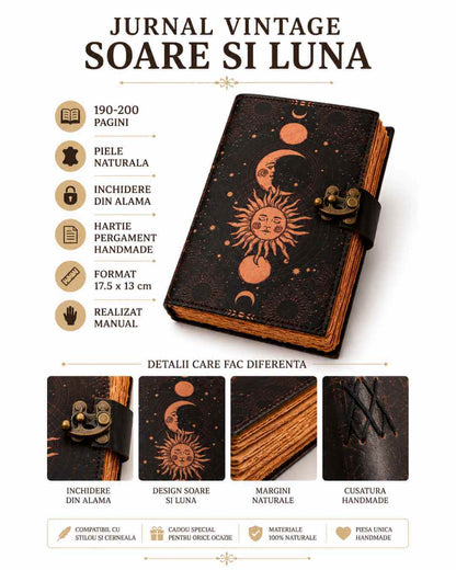 Jurnal Vintage din Piele cu Design Soare și Lună - Manual, cu Pagini de Hârtie Bumbac Galben 190-200 Pagini