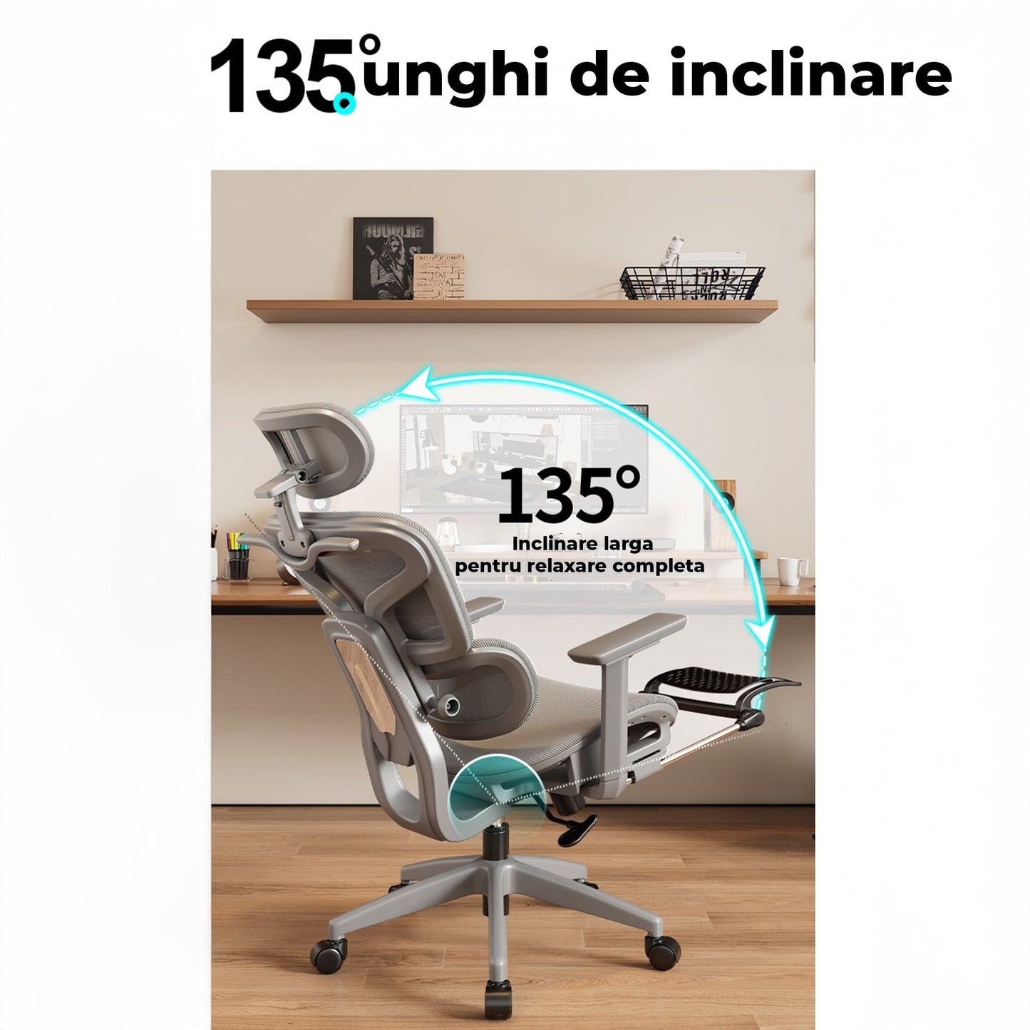 Scaun Ergonomic cu Suport Lombar, 360°, Gaming sau Studiu, Gri