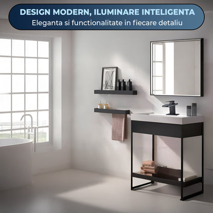 Baterie Chiuveta Baie cu LED si Efect de Cascada, Gura din Sticla, Negru Mat