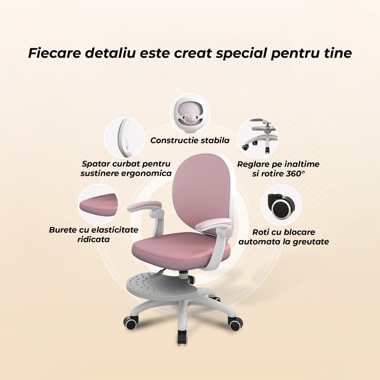 Scaun Reglabil pentru Copii, Model Ergonomic cu Spatar Confortabil, Roz