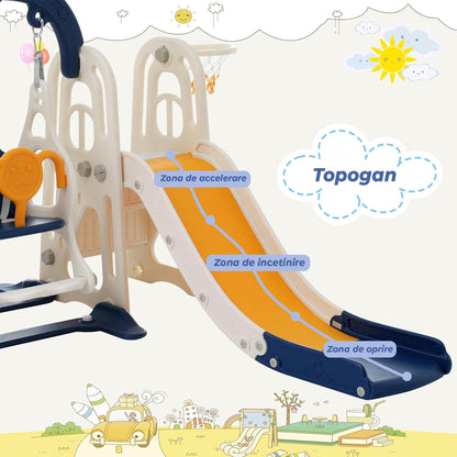 Set de Joaca 3 in 1 pentru Copii, Tobogan, Leagan si Cos de Baschet, Galben
