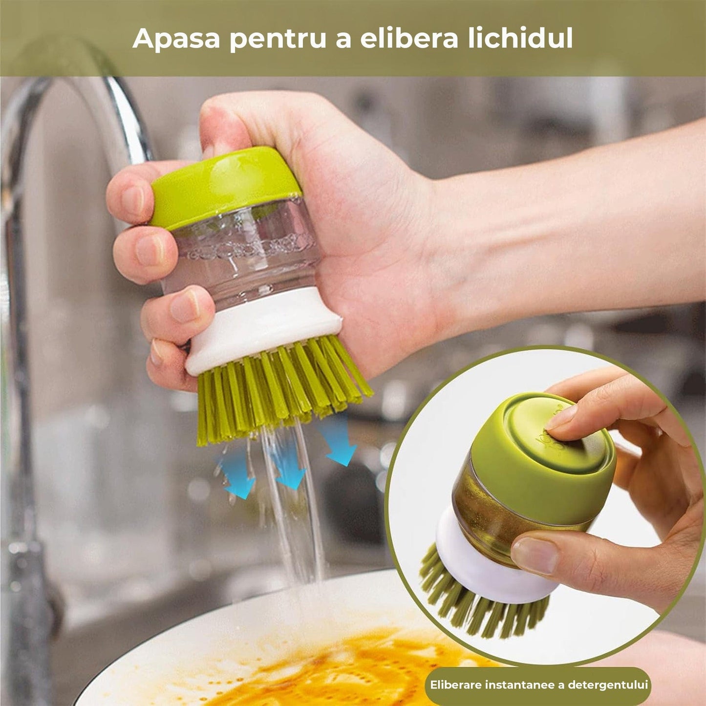 Dispenser Detergent cu Perie si Suport de Scurgere, Dozare Automata, Gri