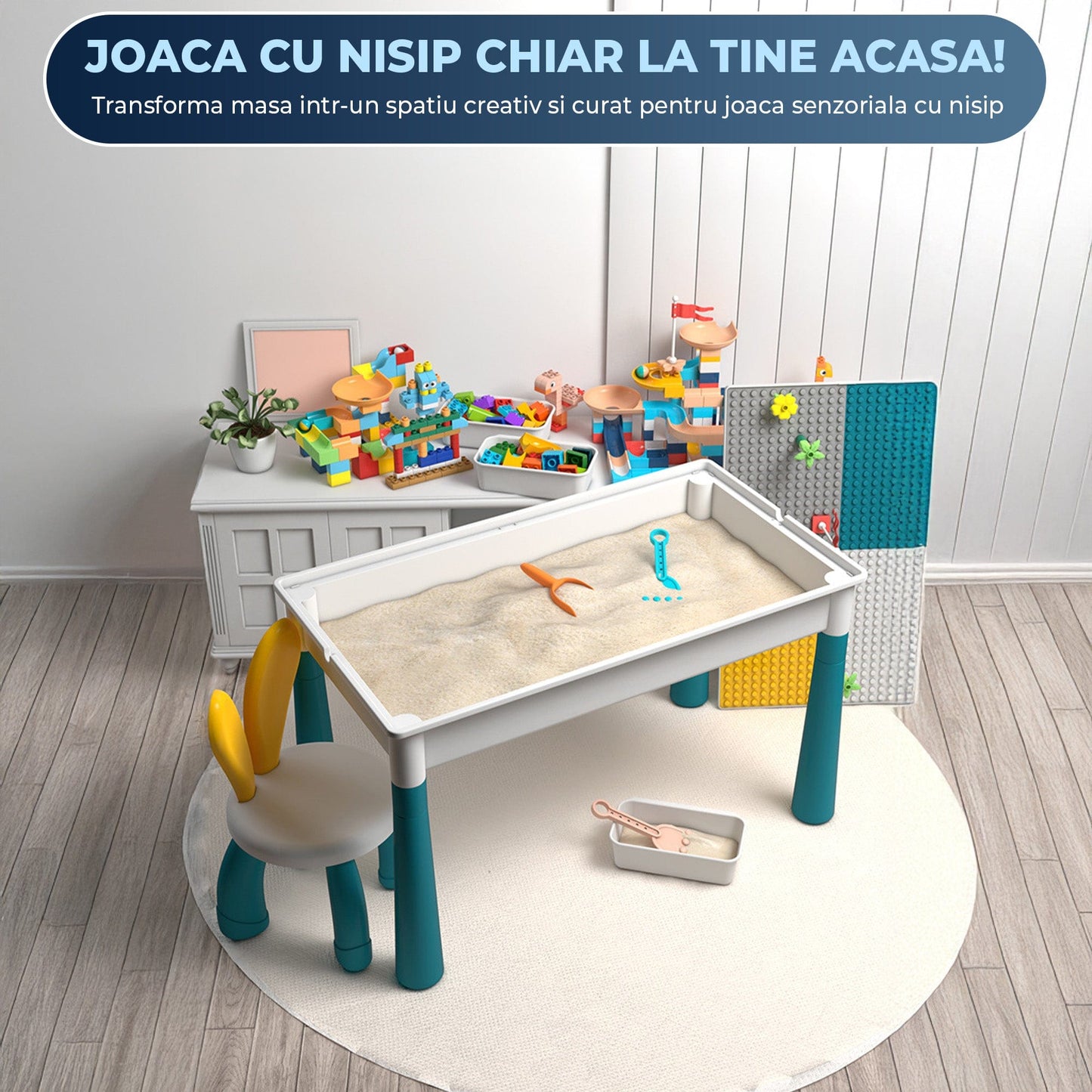 Masa Multifunctionala cu Piese Compatibile Lego Duplo, Set 61x41cm cu 442 Piese