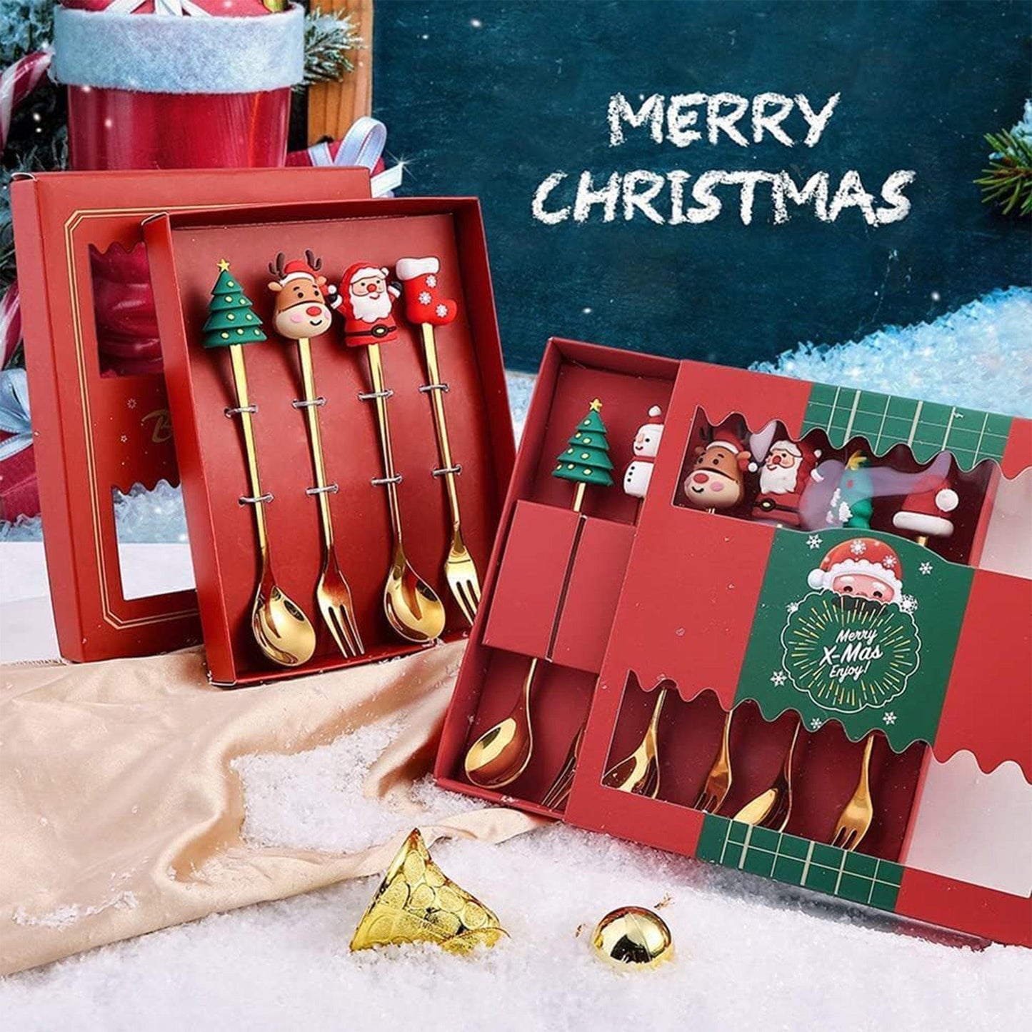 Set 6 Lingurite si Furculite Inox Craciun, Modele Festive cu Ren, Brad