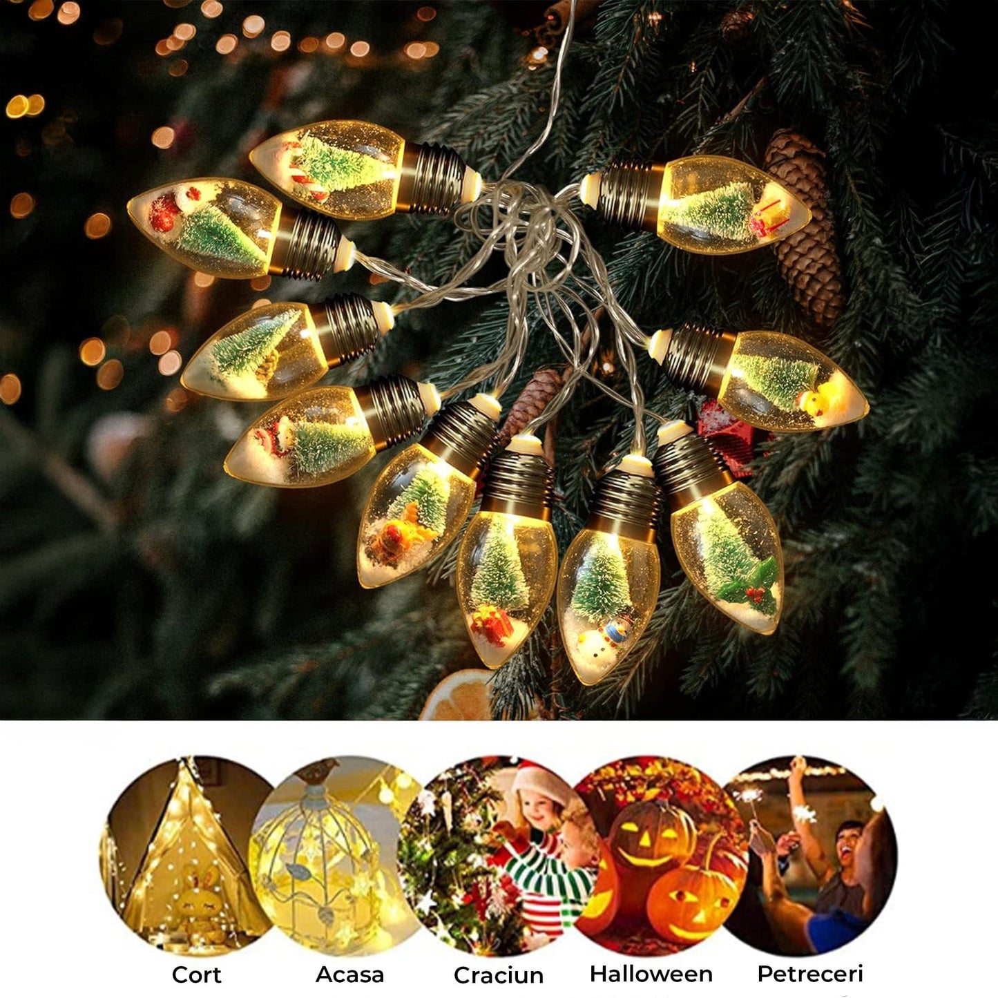 Instalatie Craciun, 10 becuri LED Snow Globe, Decor cu braduti si zapada
