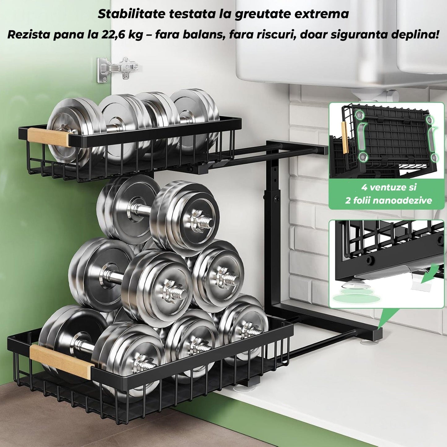 Set 2 Organizatoare Metalice cu Sertar Glisant pentru Dulap, 2 Niveluri