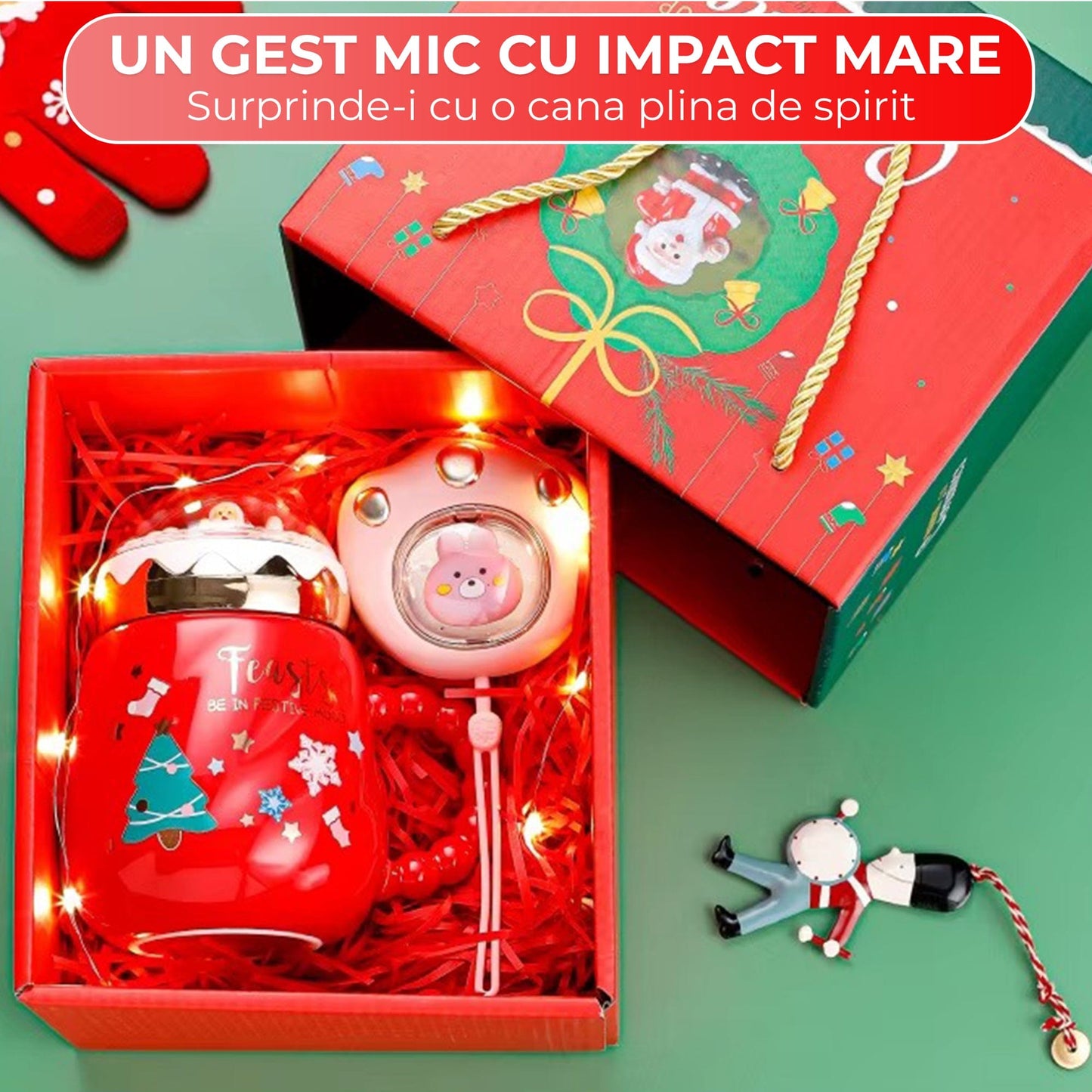 Cana ceramica cadou cu tematica de Craciun, Snow-globe, Capac & maner, Rosu