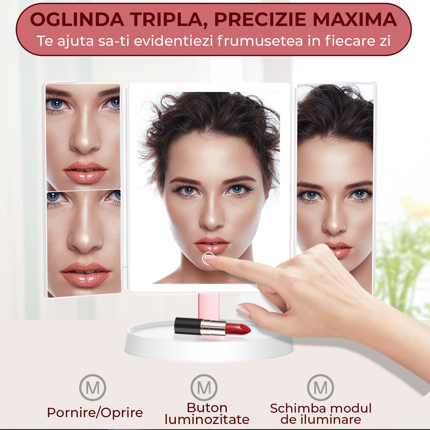 Oglinda Cosmetica Pliabila cu Iluminare LED, Trifold cu Marire 1X/2X/3X