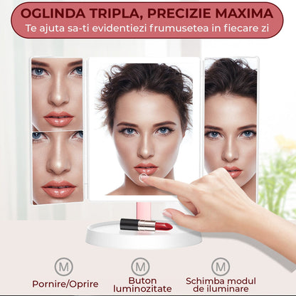 Oglinda Cosmetica Pliabila cu Iluminare LED, Trifold cu Marire 1X/2X/3X