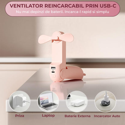 Mini Ventilator Portabil 3 in 1, Reincarcabil USB, Roz