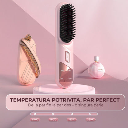 Perie Ionica pentru Indreptat si Ondulat Parul, Wireless, Placute Ceramice, Roz