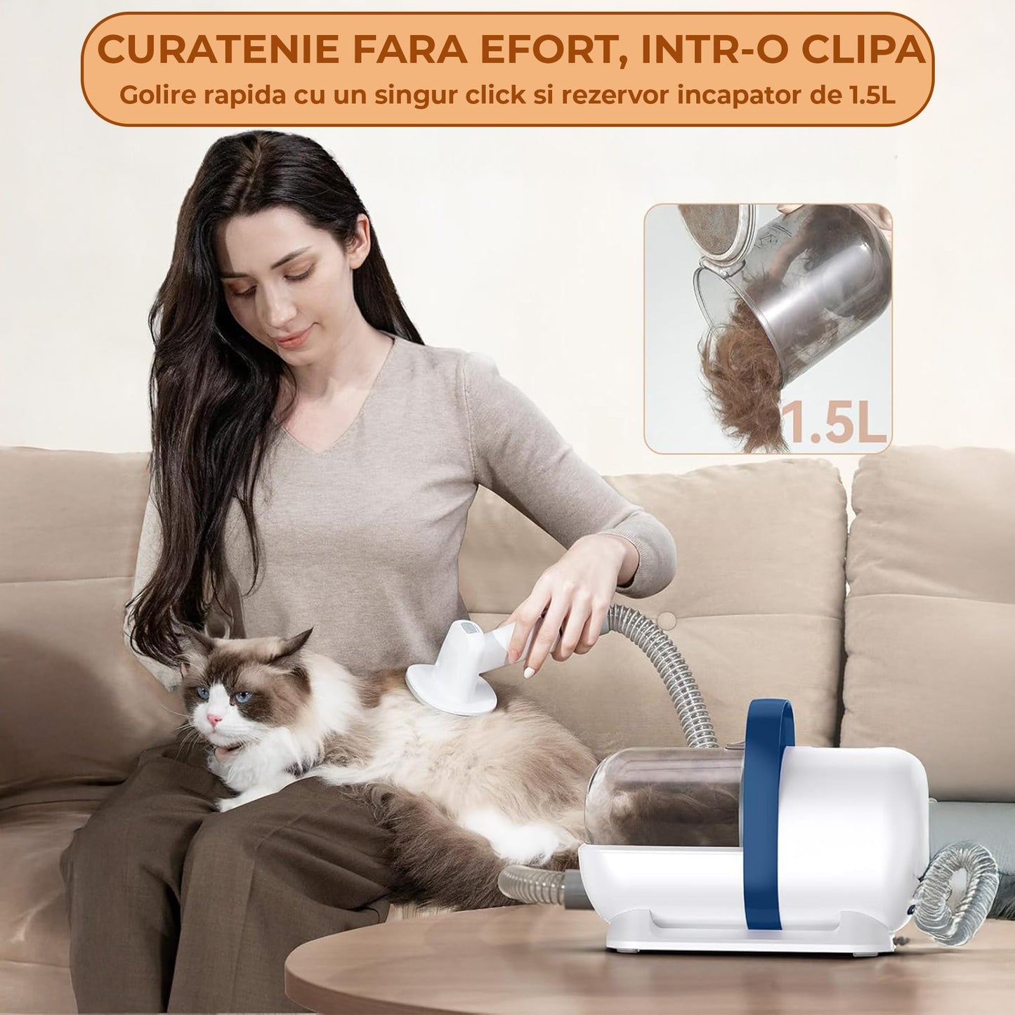 Aspirator Silentios pentru Ingrijirea Animalelor, Kit 6 in 1 cu Perie, Alb