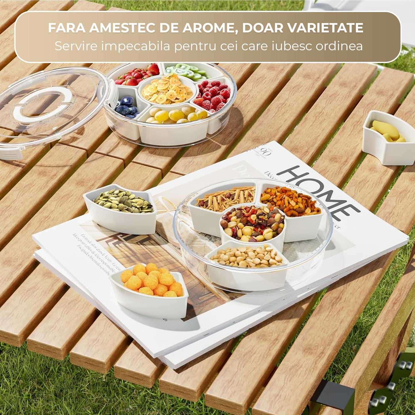 Cutie Alimentara Rotunda Mare 6 Compartimente, Model Rotativ, Bej