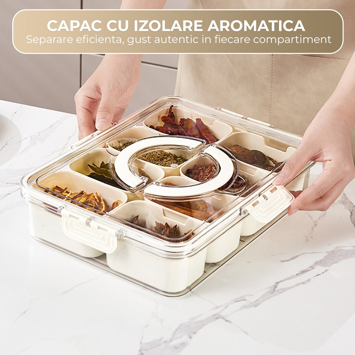 Cutie Alimentara 8 Compartimente Timebox, Etansa 800-1000Ml, Capac Sigur, Bej