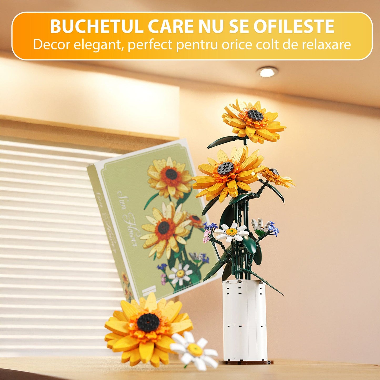 Set Constructie Floarea Soarelui Timebox, 821 Piese ABS, Ornament, Galben